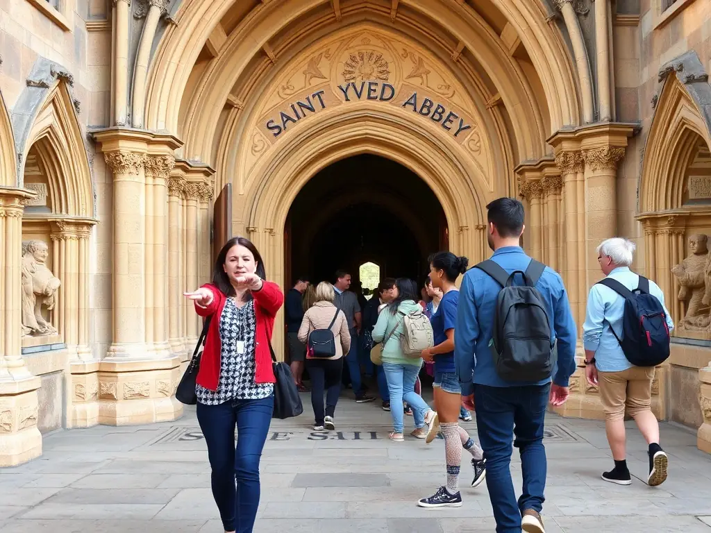 An image of a guided tour with visitors exploring the church’s interior, engaging with historical exhibits and educational materials.