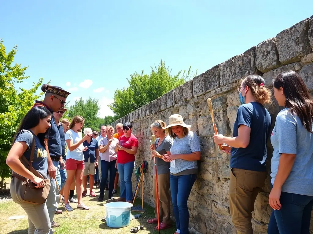 A detailed image of volunteers working on the church’s stone façade, showcasing restoration efforts and community involvement.